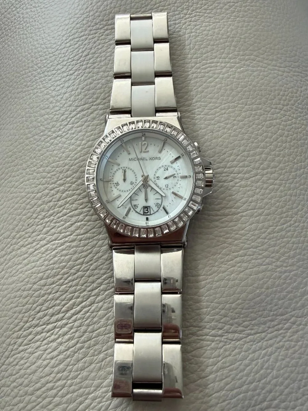 Michael Kors MK5411 Dylan Crystal Bezel Mother of Pearl Silver Chronograph Watch
